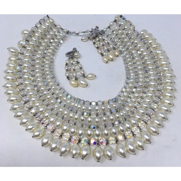 Vendome Faux Pearl Bib & AB Crystal Beads Vintage Runway Statement Necklace Set - Picture 1 of 6